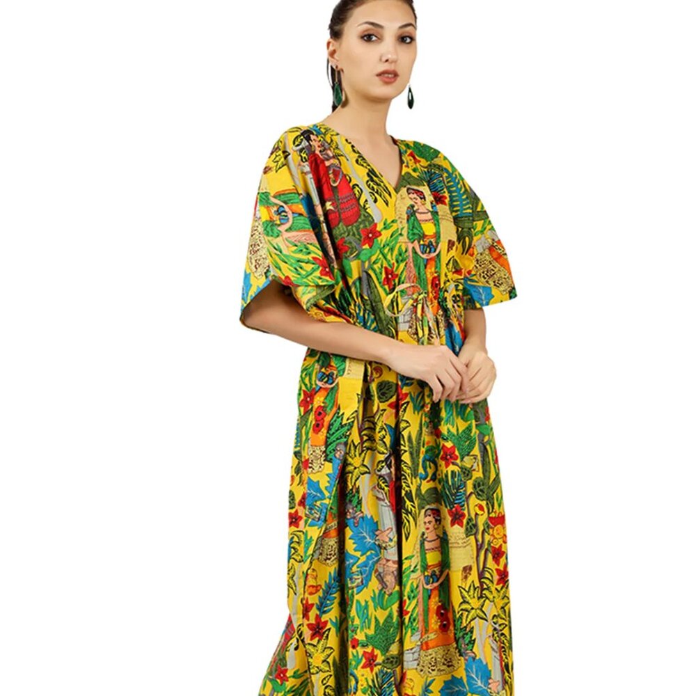 BRAND NEW Frida Kahlo Cotton Kaftan  Long Kaftan Dress Beach Cover Caftan Dress - Picture 3 of 6